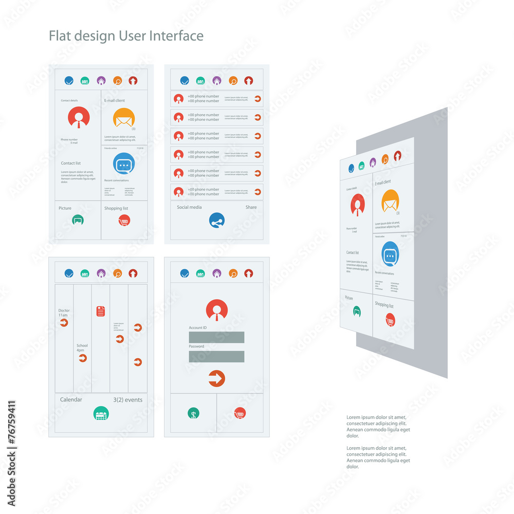 Poster set of flat design icons in colorful bars for graphic user