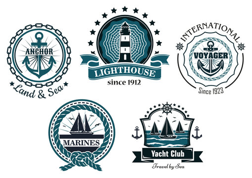 Vintage marine emblems or labels  in blue and white