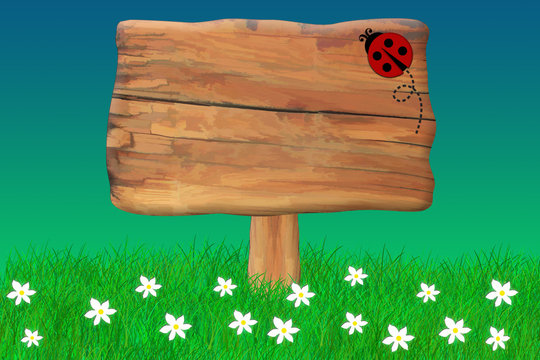Wooden Sign With a Ladybug Crawing On It.