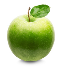 green apple with leaf isolated on the white background