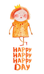 girl in crown. happy day. Watercolor. Hand drawing