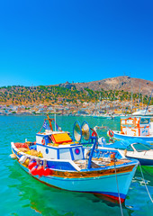 Fototapeta na wymiar traditional fishing boats at Kalymnos island in Greece