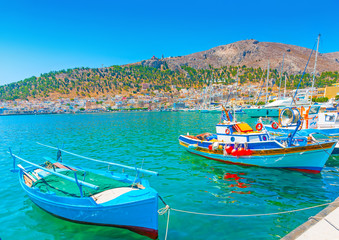 Fototapeta na wymiar fishing boats at the main port of Kalymnos island in Greece