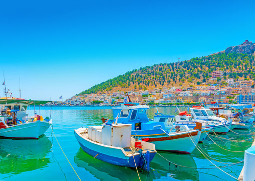 fishing boats at the main port of Kalymnos island in Greece