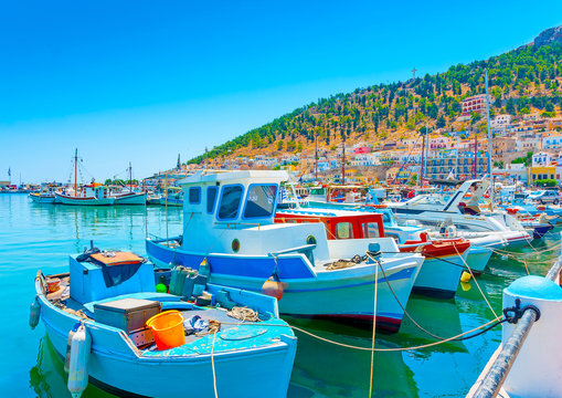 traditional fishing boats at main port of Kalymnos island Greece