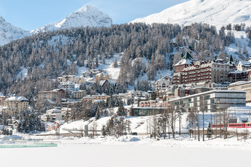 St. Moritz, Alps, Switzerland. Mountain ski resort with snow in