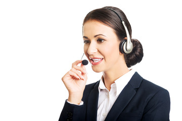 Portrait of call center woman talking to customer