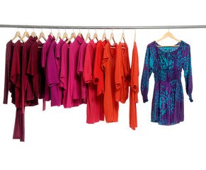 Multi colored female shirts with sundress on hangers