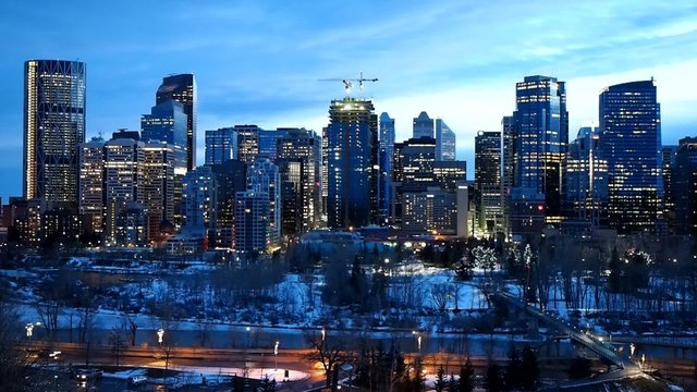 Skyscrapers in the urban core at dusk in Calgary