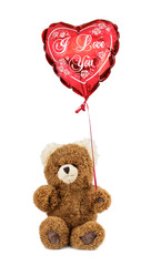 Teddy bear with a heart shaped balloon with, I love you, text.