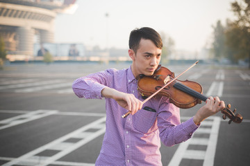 young crazy funny musician violinist asian man
