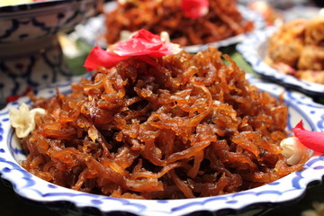 Thai food put on the table for dinner.