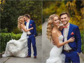 Wedding collage - the bride and groom in the Park in the summer.