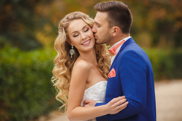 Fototapeta premium The groom kisses the bride in a green Park in the summer.
