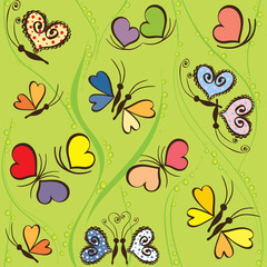 Seamless pattern with hearts and butterflies