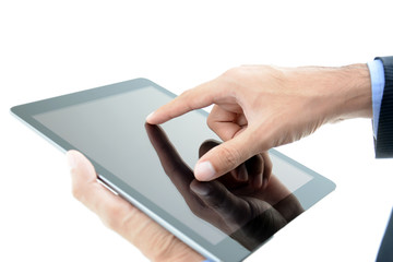 Businessman hand touching tablet computer