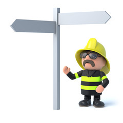 3d Fireman looks at the road sign