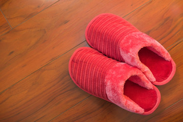 Pair of red shoes for lady on wooden floor in bed room