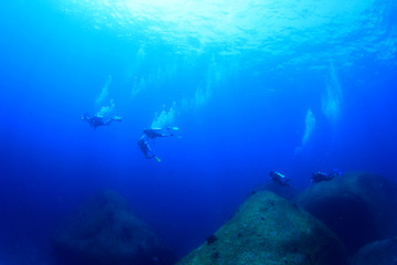 Fototapeta na wymiar Scuba divers swim over coral reef in ocean