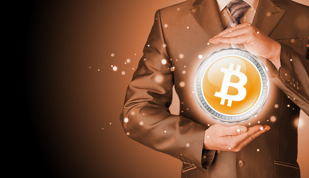 Businessman with protective gesture bitcoins