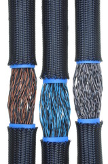 Electrical wires in flexible pipe isolated on white background