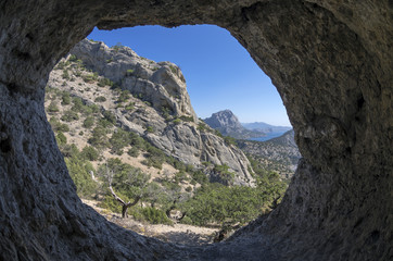 View from inside a small cave.Crimea.