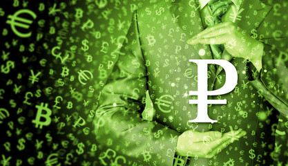 businessman protecting ruble  symbol