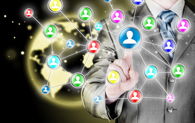 man hand pressing social media icon