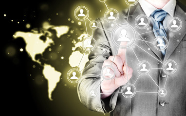 man hand pressing social media icon