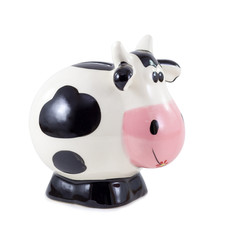 Piggy bank with black and white cow spots