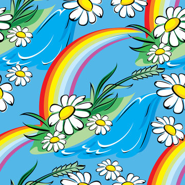 seamless vector background with spring rainbow and chamomiles