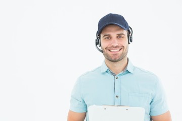 HHappy male courier man wearing headset