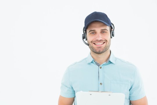 HHappy male courier man wearing headset