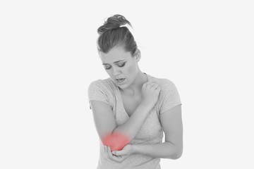 Unhappy woman with elbow pain
