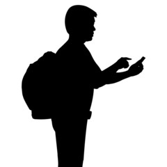Silhouette man with backpack using mobile phone, vector format