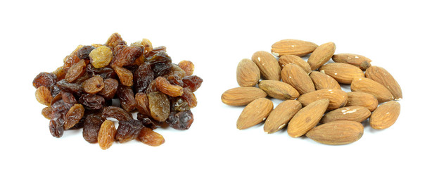 raisins and almonds on a white background