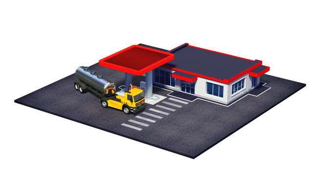 Gas Station With Fuel Semi Truck And Mini-mart Or Coffe Shop