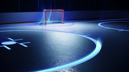 3d rendered illustration of hockey ice rink and goal