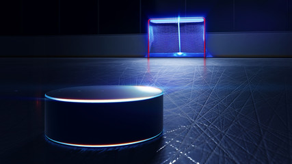 hockey ice rink, puck and goal