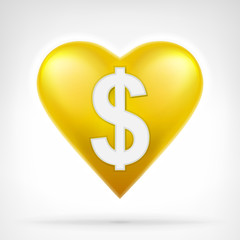 Dollar coin shaped as golden heart at modern graphic design