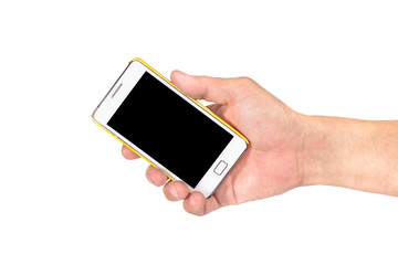 hand holding mobile smart phone isolated