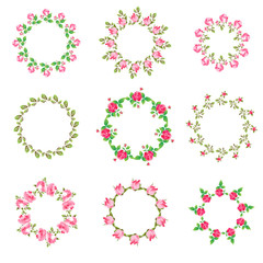 Set rose floral ornate round frames