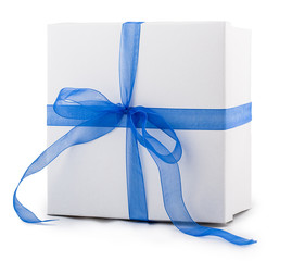 white box packing paper blue bow ribbon