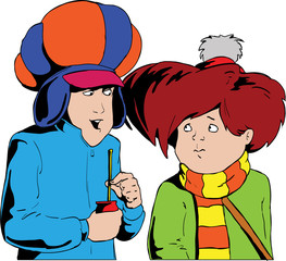 Two boys talking to each other.