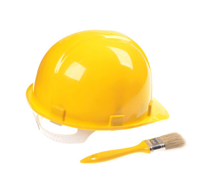 Yellow helmet ,  brush isolated on white bacgrouned