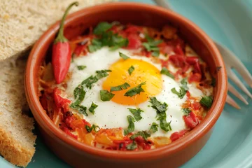 Cercles muraux Plats de repas Eggs poached in tomato sauce and other vegetables