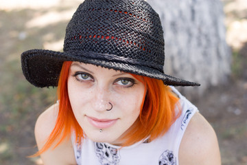 Red Hair Girl wear summer hat