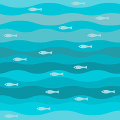 vector seamless abstract pattern, waves fish vintage retro
