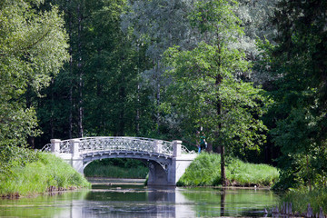 small shabby bridge in park over a pond. Gatchina.