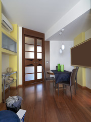 interior view pf apartment in foreground the dining table